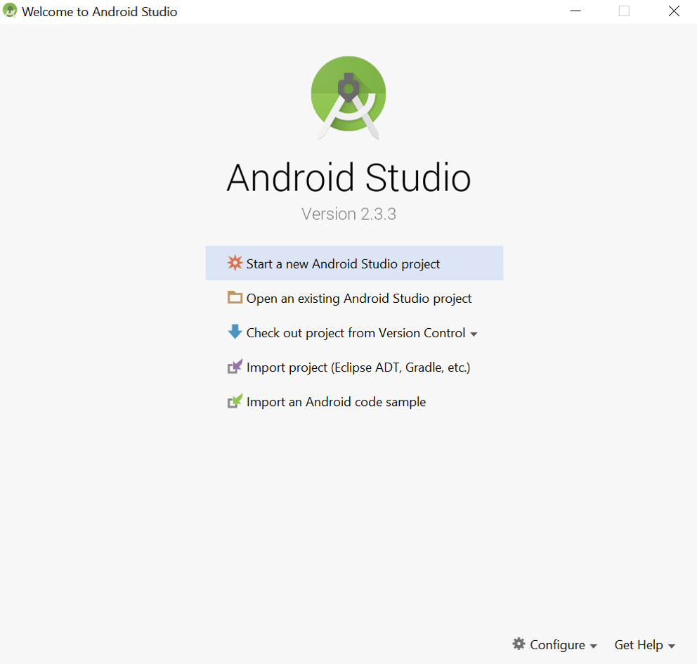 Welcome to Android Studio screen